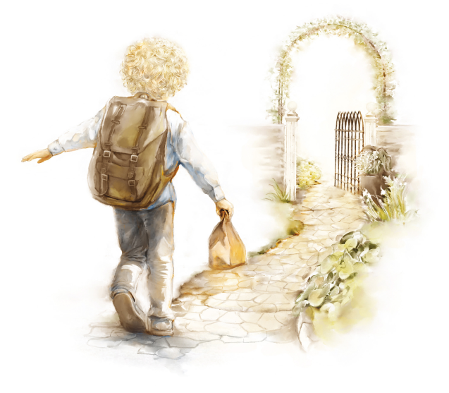 little boy walking on path to a gate illustration from Love Rays book